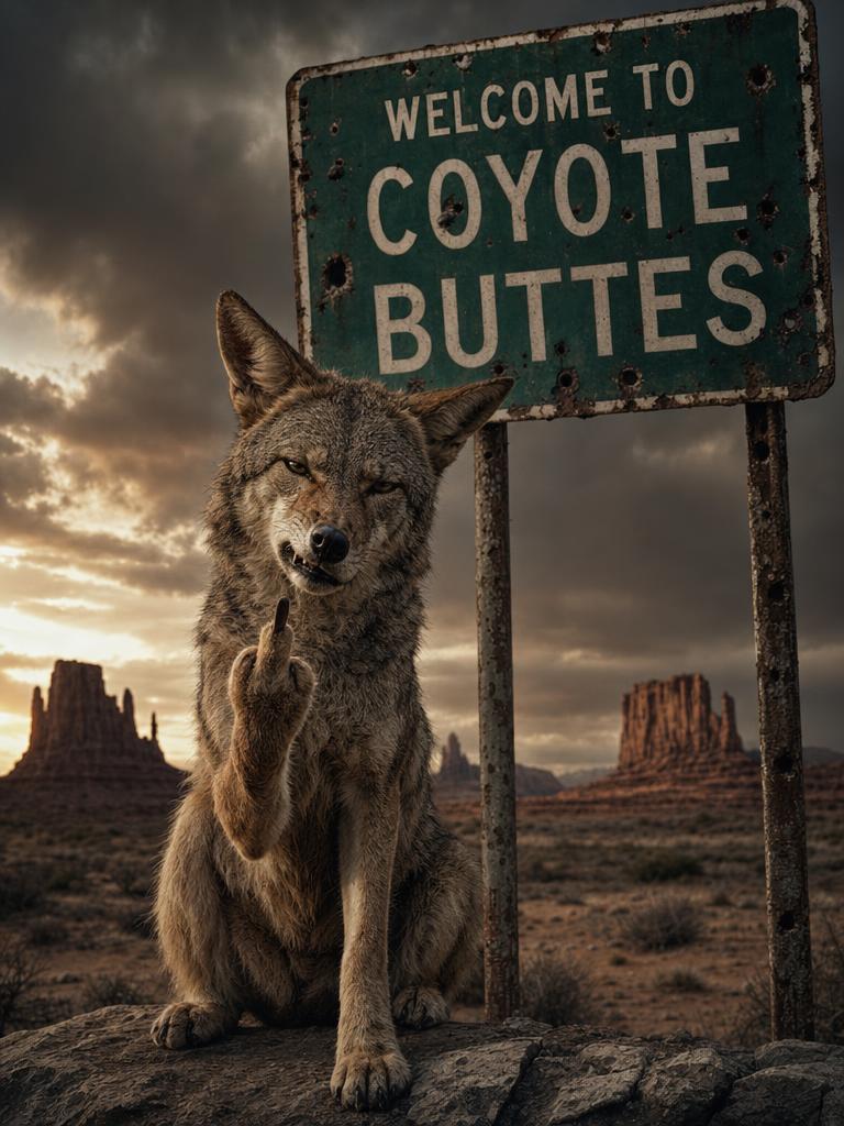 A coyote under a Welcome to Coyote Buttes sign, giving the middle finger