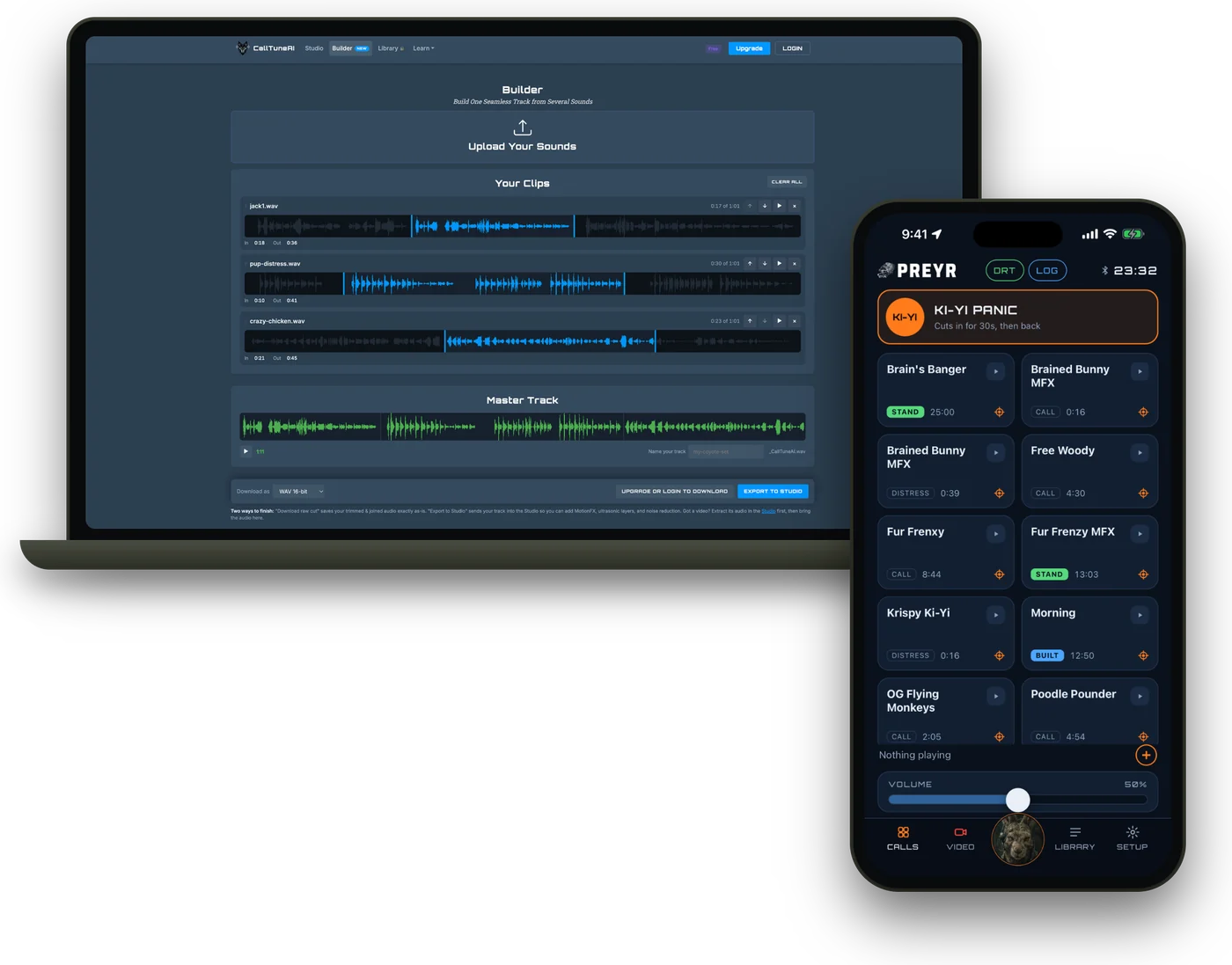 The CallTuneAI Builder on a laptop beside PREYR on a phone
