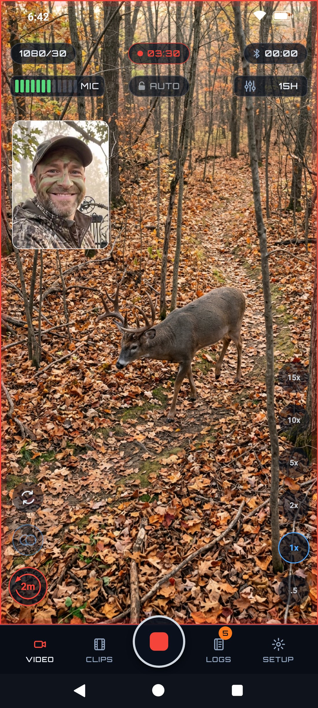 The PREYR Hunting camera filming a whitetail on a trail, with a 2SHOT reaction inset from the front camera