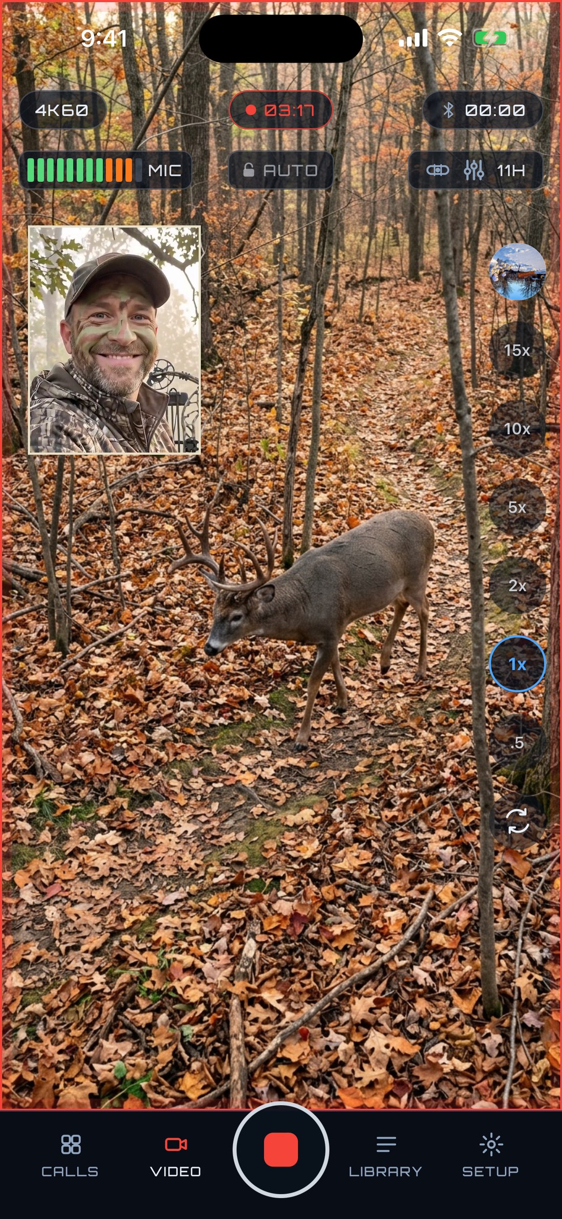 PREYR Pro Video filming a whitetail buck with a 2SHOT reaction inset from the front camera