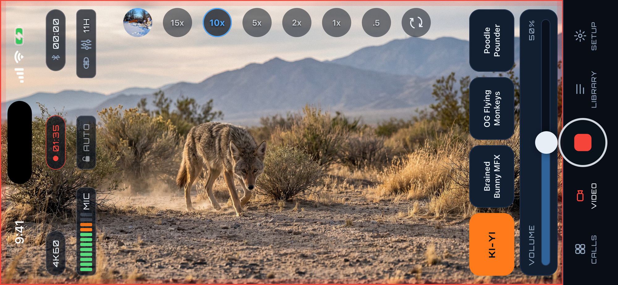 PREYR Pro Video filming a coyote at 10x while a call plays