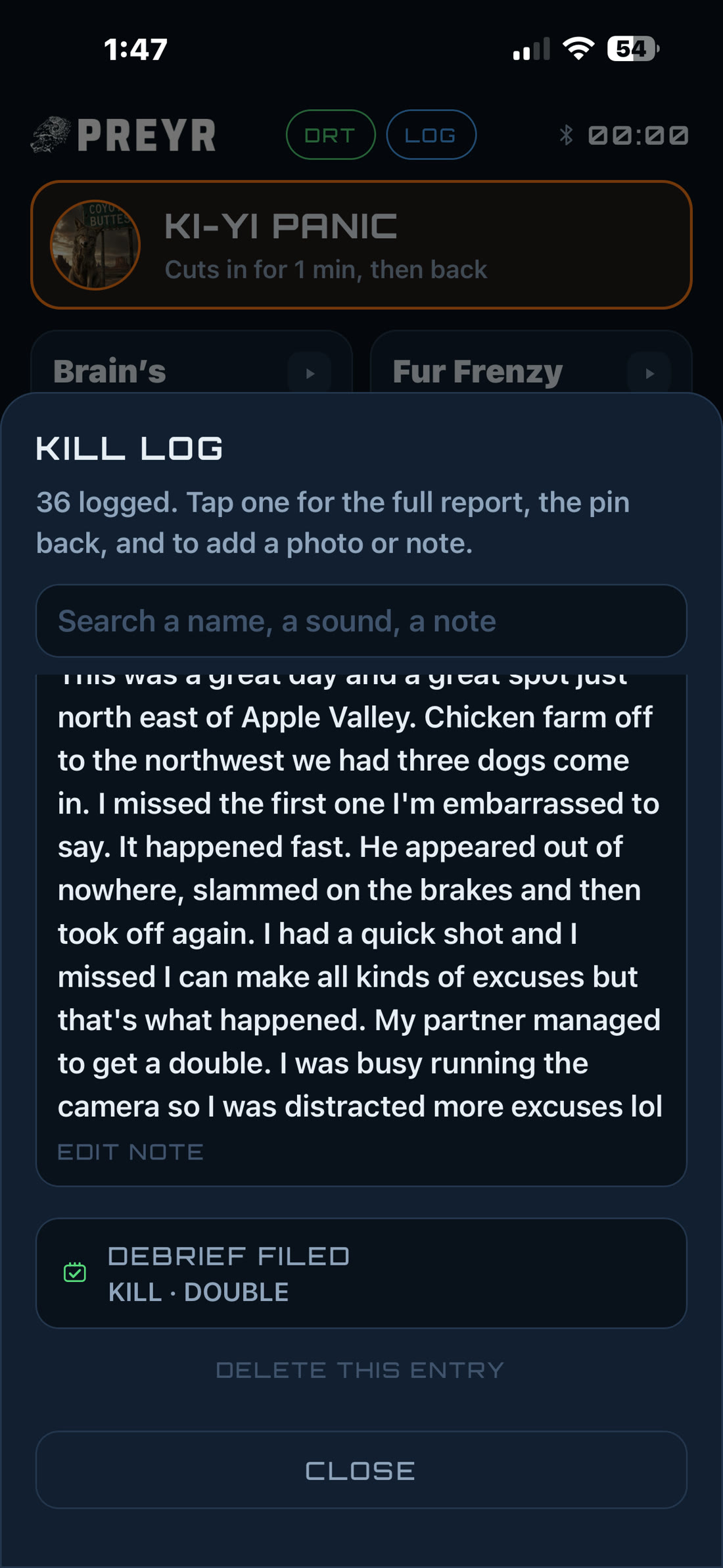 A kill log entry with its photo and field note